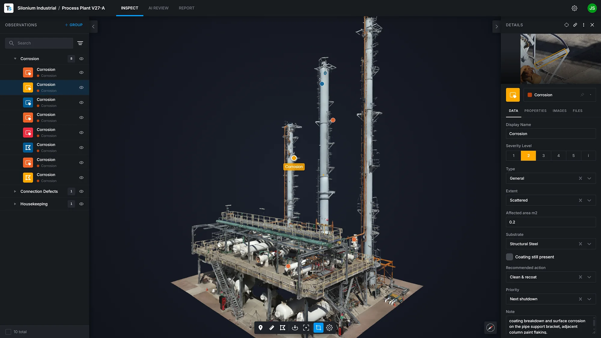 Twinsity showing a 3D model of an industrial process plant, with corrosion observations listed on the left and one observation open in the details panel