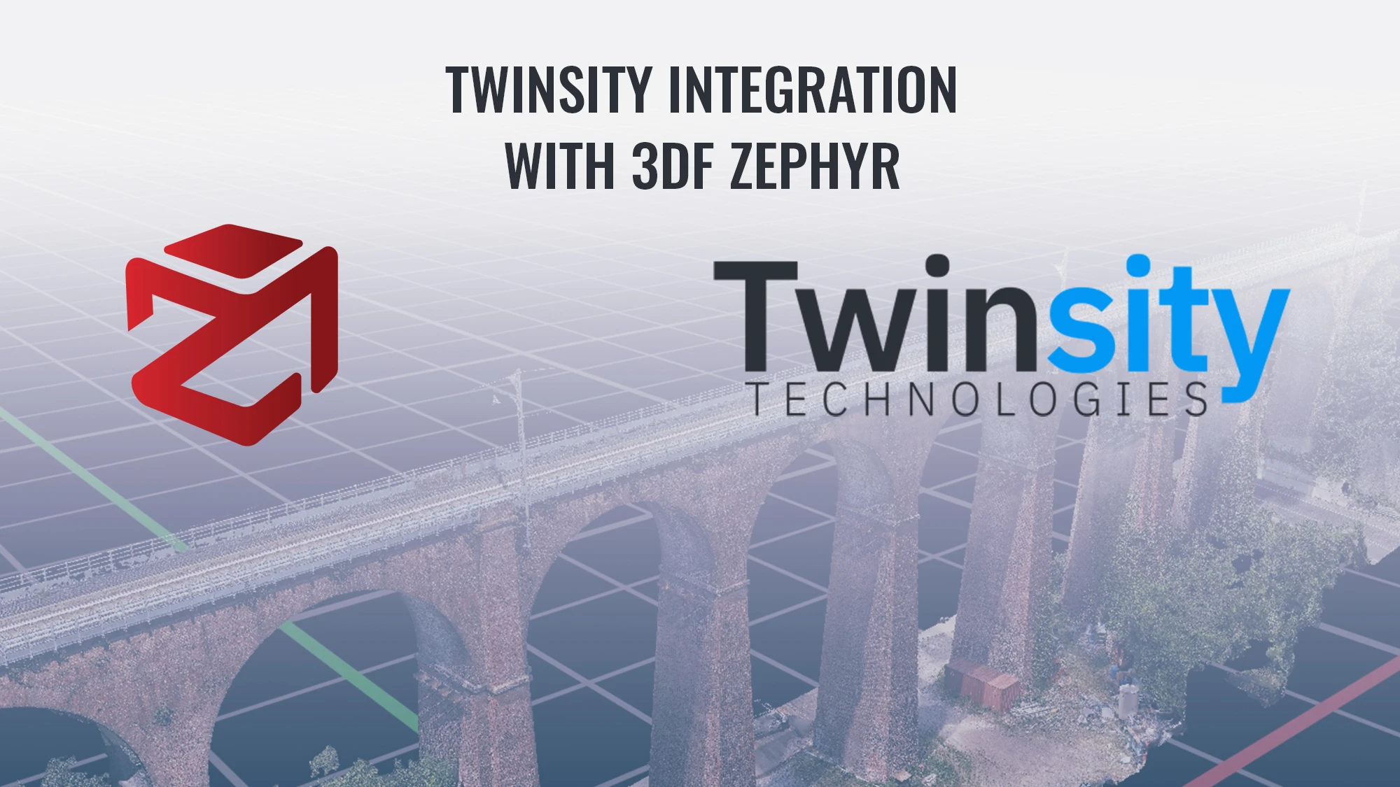The 3Dflow and Twinsity Technologies logos above a 3D point cloud model of a railway viaduct